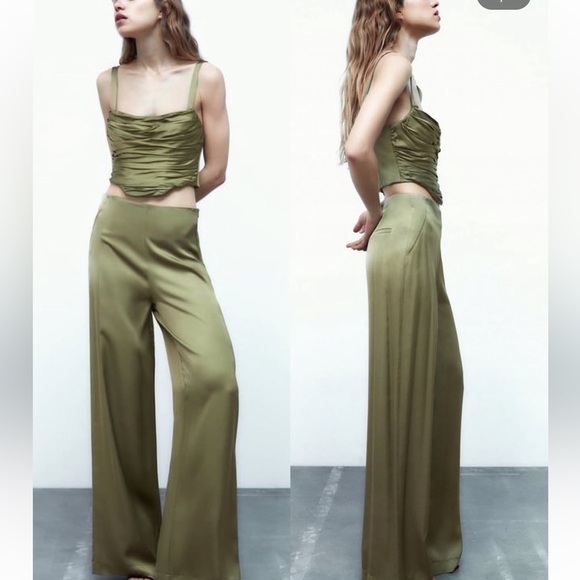 Zara Pants - Zara green satin flare pants size medium high waisted